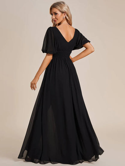 Wholesa Short Sleeve V-Neck Front Slit Chiffon Evening Dress