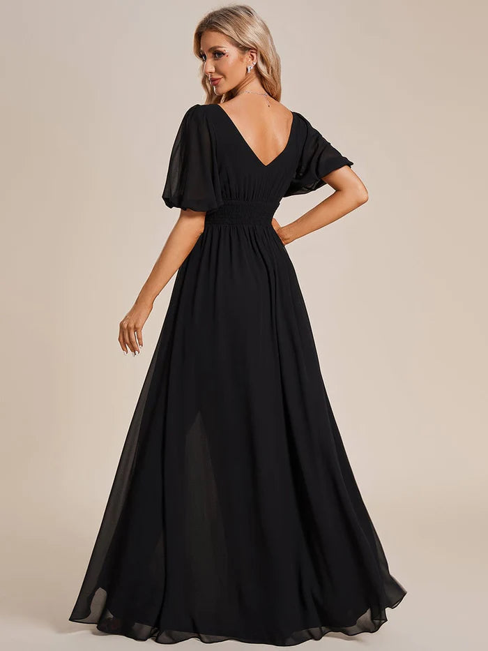 Wholesa Chiffon Illusion V-Neck Flutter Sleeve Front Slit Evening Dress