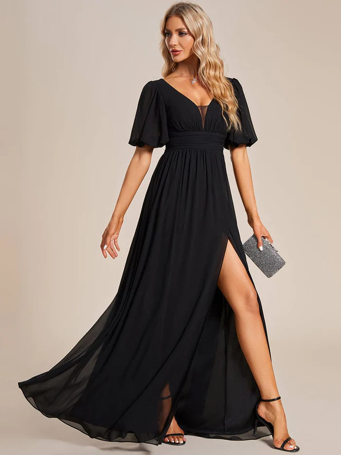 Wholesa Chiffon Illusion V-Neck Flutter Sleeve Front Slit Evening Dress