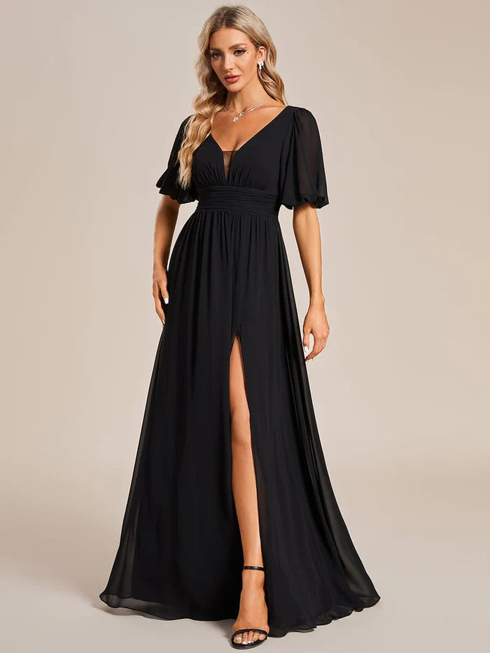 Wholesa Short Sleeve V-Neck Front Slit Chiffon Evening Dress