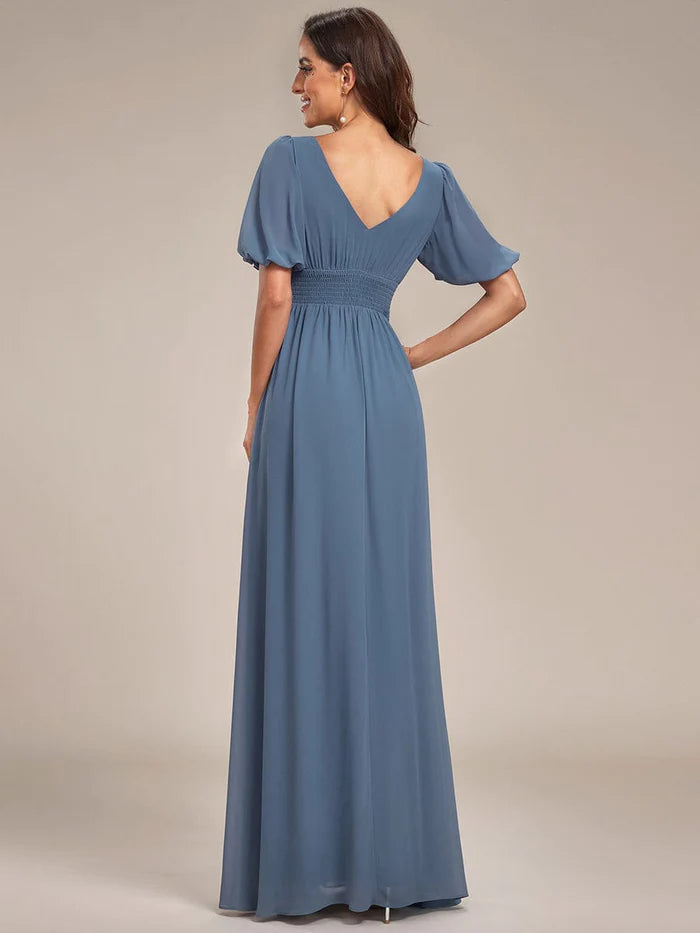 Wholesa Chiffon Illusion V-Neck Flutter Sleeve Front Slit Evening Dress