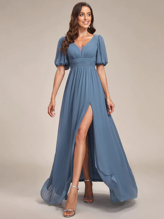 Wholesa Chiffon Illusion V-Neck Flutter Sleeve Front Slit Evening Dress