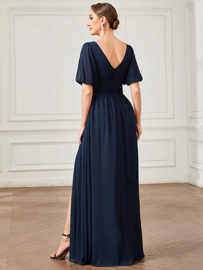 Wholesa Chiffon Illusion V-Neck Flutter Sleeve Front Slit Evening Dress