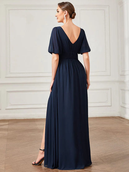 Wholesa Short Sleeve V-Neck Front Slit Chiffon Evening Dress