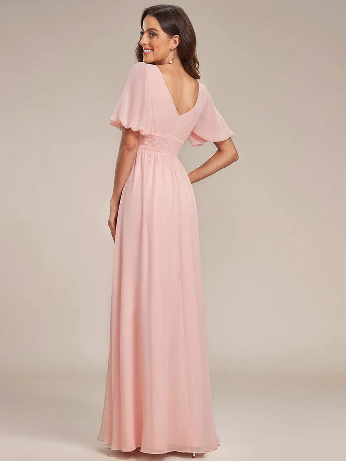 Wholesa Chiffon Illusion V-Neck Flutter Sleeve Front Slit Evening Dress