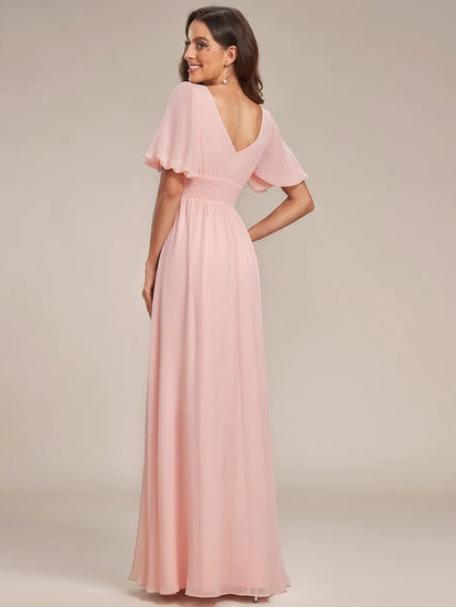 Wholesa Chiffon Illusion V-Neck Flutter Sleeve Front Slit Evening Dress