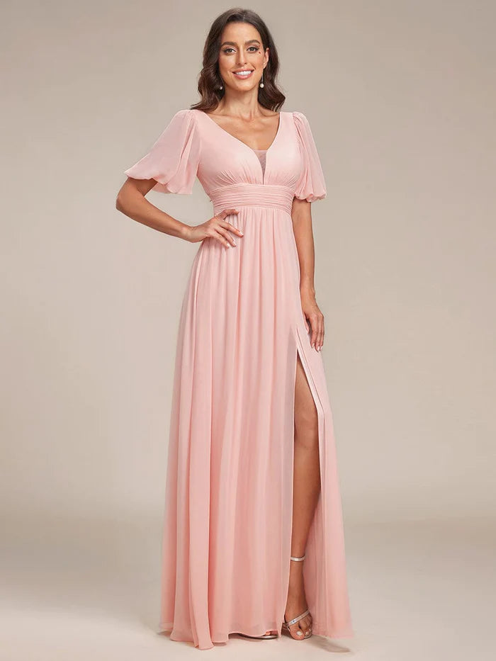 Wholesa Chiffon Illusion V-Neck Flutter Sleeve Front Slit Evening Dress