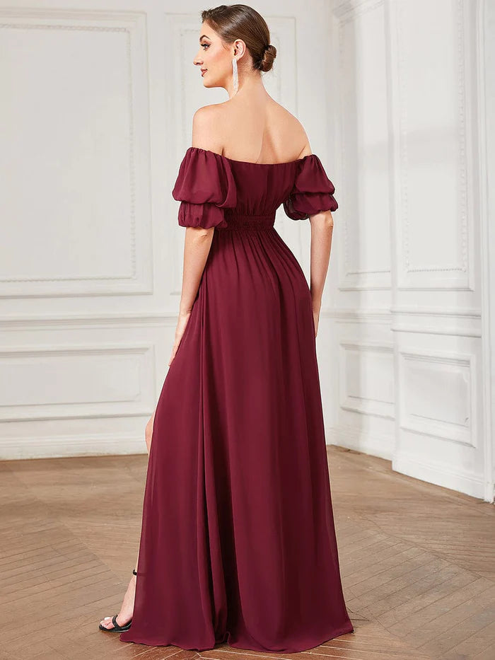 Wholesa Off Shoulder Shirred High Slit Chiffon Evening Dress