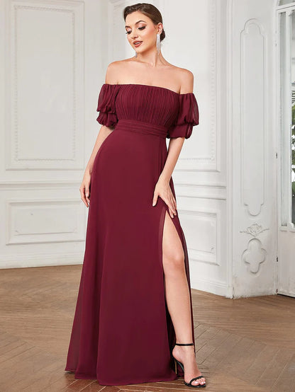 Wholesa Off Shoulder Shirred High Slit Chiffon Evening Dress