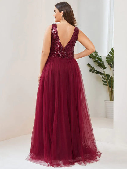 Wholesa Lace-Up Caged Back Sequin Sleeveless Tulle Evening Dress