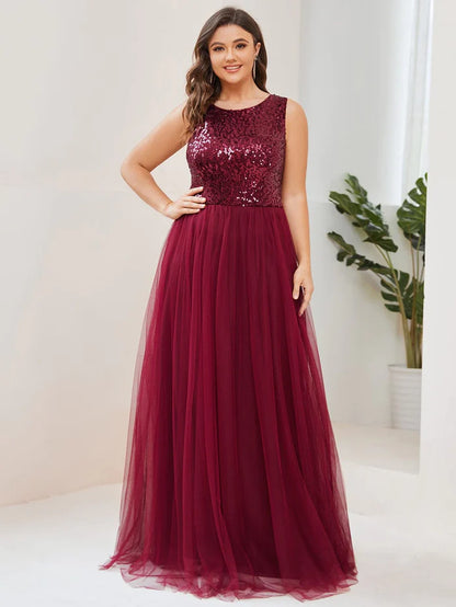 Wholesa Lace-Up Caged Back Sequin Sleeveless Tulle Evening Dress