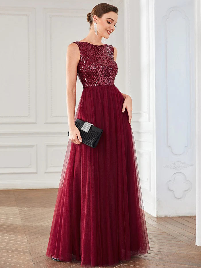 Wholesa Lace-Up Caged Back Sequin Sleeveless Tulle Evening Dress