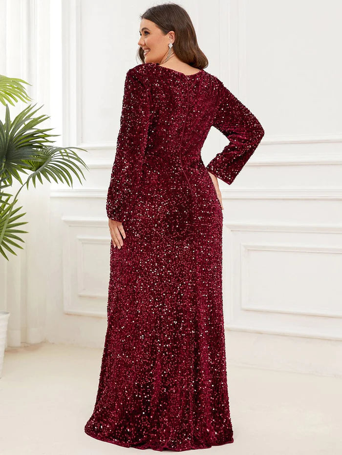 Wholesa Plus Size Sweetheart Long Sleeve Sequin Bodycon Evening Dress with Slit