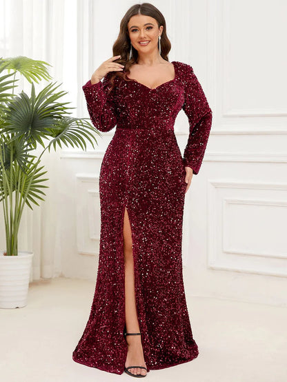 Wholesa Plus Size Sweetheart Long Sleeve Sequin Bodycon Evening Dress with Slit