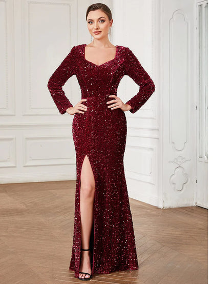 Wholesa Sweetheart Long Sleeve Sequin Front Slit Bodycon Evening Dress