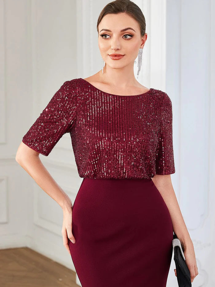 Wholesa Round Neck Sequin Illusion Bodycon Evening Dress