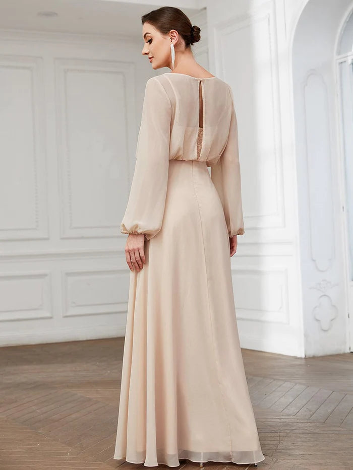 Wholesa Illusion Long Sleeve Chiffon A-Line Formal Evening Dress