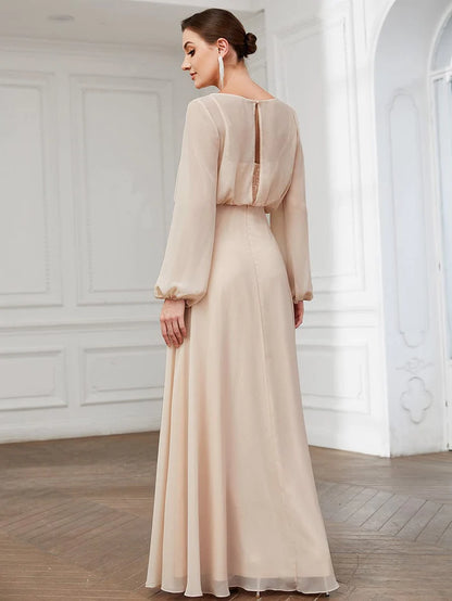 Wholesa Sheer Peasant Long Sleeve Overlay Illusion Chiffon Evening Dress