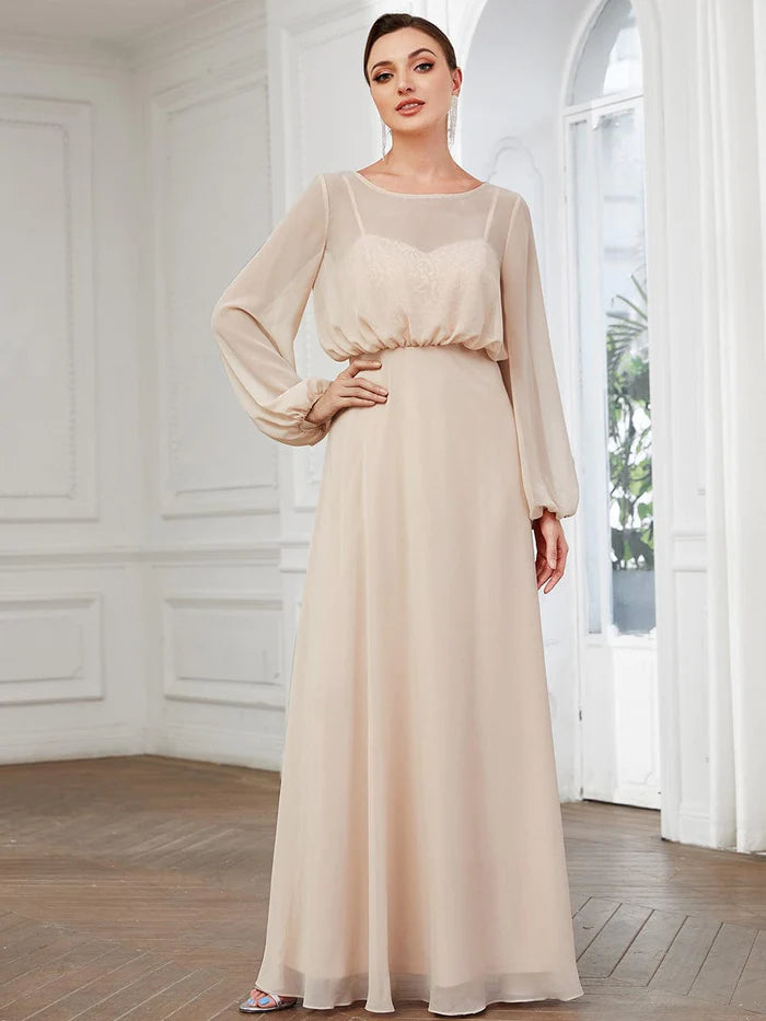 Wholesa Illusion Long Sleeve Chiffon A-Line Formal Evening Dress