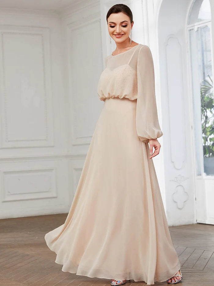 Wholesa Sheer Peasant Long Sleeve Overlay Illusion Chiffon Evening Dress