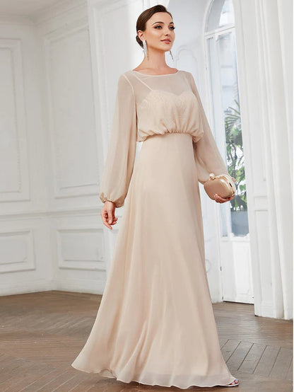 Wholesa Sheer Peasant Long Sleeve Overlay Illusion Chiffon Evening Dress