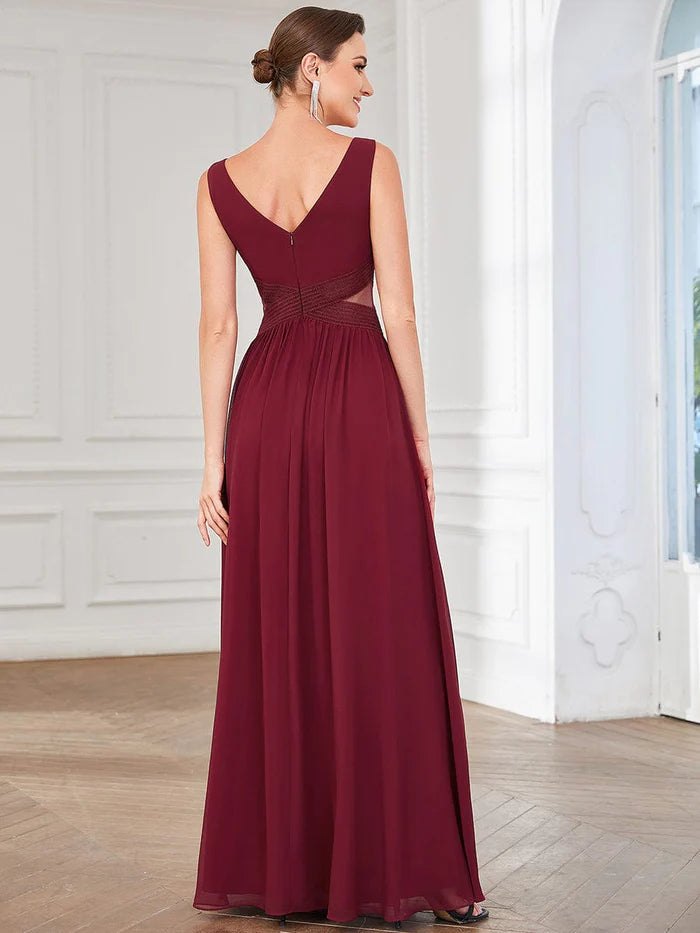 Wholesa Pleated Chiffon Sleeveless Cut-Out A-Line Evening Dress