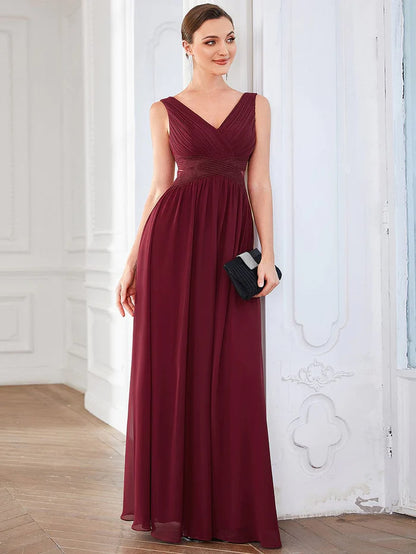 Wholesa Pleated Chiffon Sleeveless Cut-Out A-Line Evening Dress