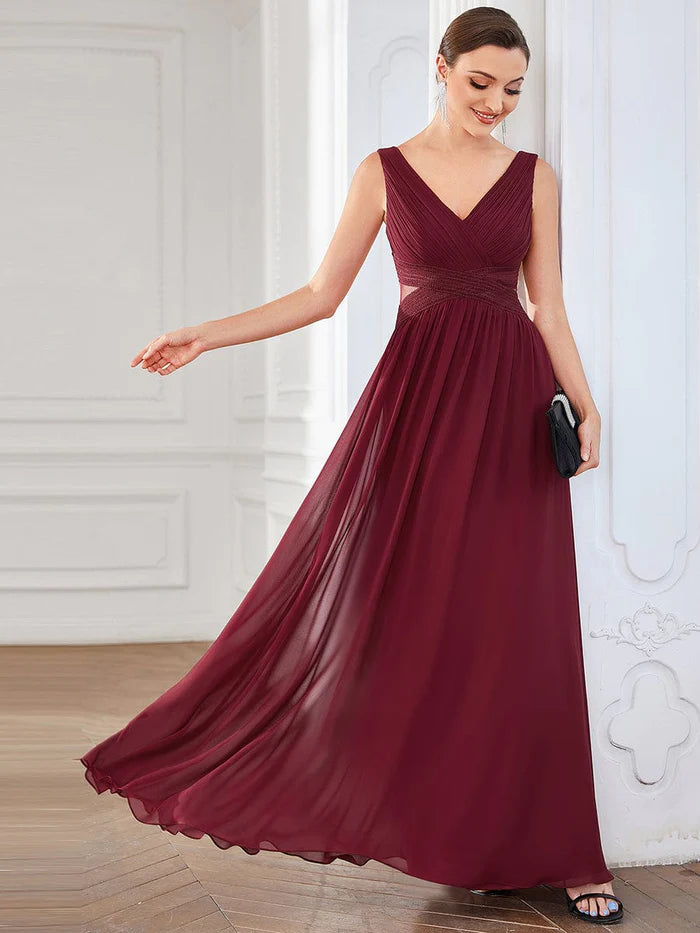 Wholesa Pleated Chiffon Sleeveless Cut-Out A-Line Evening Dress