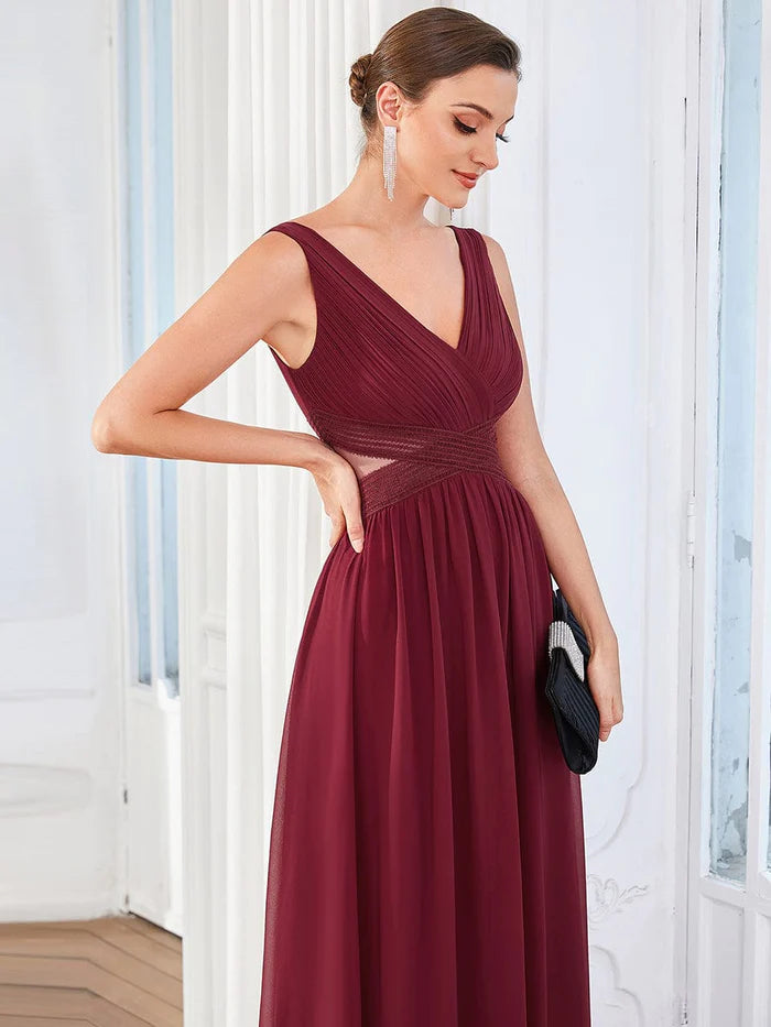 Wholesa Pleated Chiffon Sleeveless Cut-Out A-Line Evening Dress