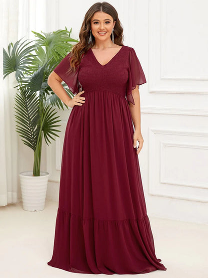 Wholesa Short Sleeve V-Neck Shirred A-Line Evening Dress