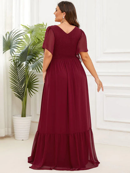 Wholesa Short Sleeve V-Neck Shirred A-Line Evening Dress