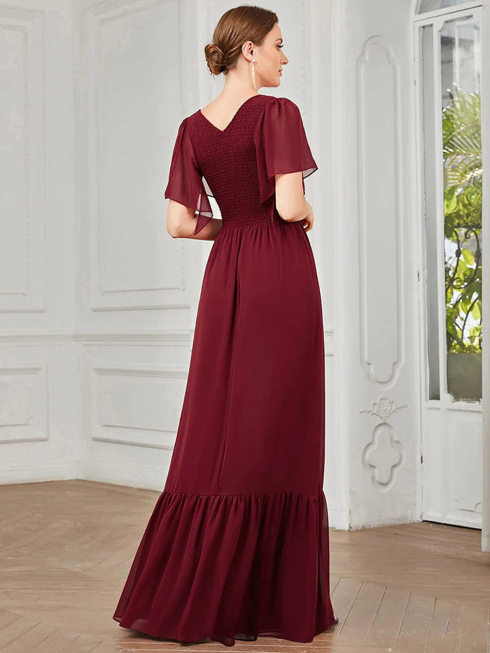 Wholesa Short Sleeve V-Neck Shirred A-Line Evening Dress