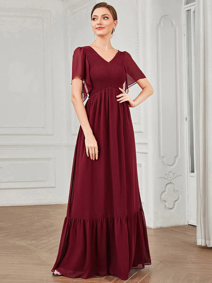 Wholesa Short Sleeve V-Neck Shirred A-Line Evening Dress