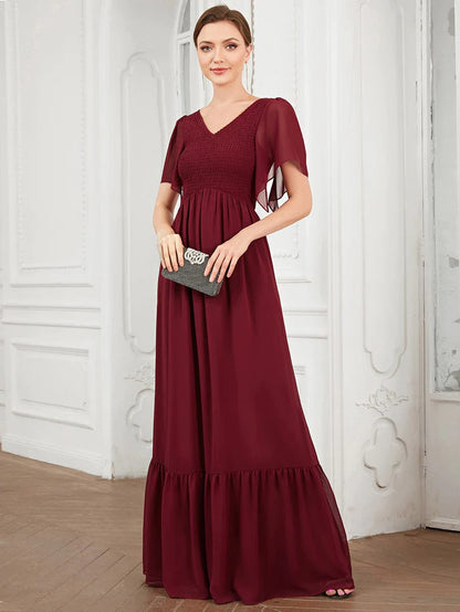 Wholesa Short Sleeve V-Neck Shirred A-Line Evening Dress