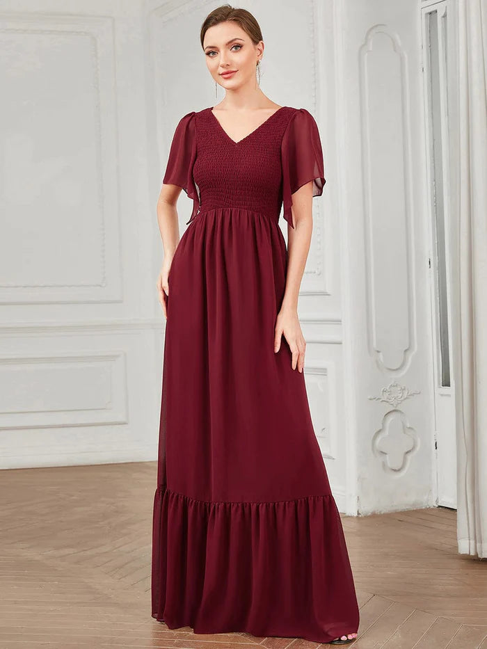 Wholesa Short Sleeve V-Neck Shirred A-Line Evening Dress