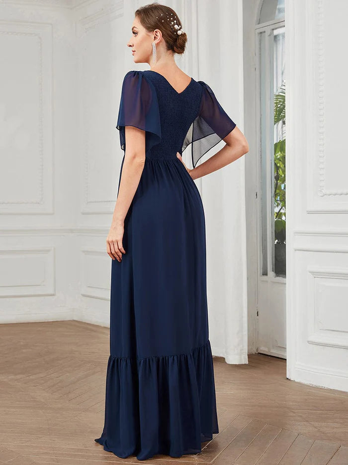 Wholesa Short Sleeve V-Neck Shirred A-Line Evening Dress