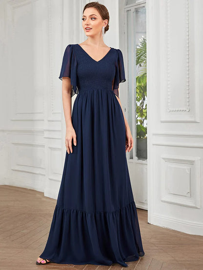 Wholesa Short Sleeve V-Neck Shirred A-Line Evening Dress