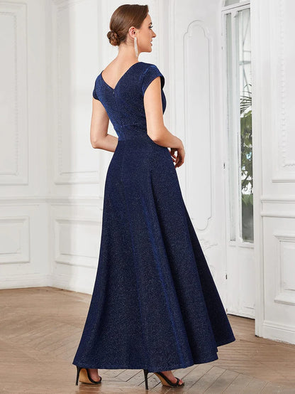 Wholesa Pleated Cap Sleeve V-Neck A-Line Evening Dress