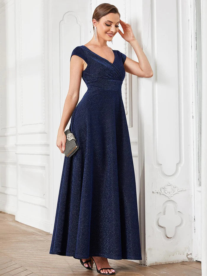 Wholesa Pleated Cap Sleeve V-Neck A-Line Evening Dress