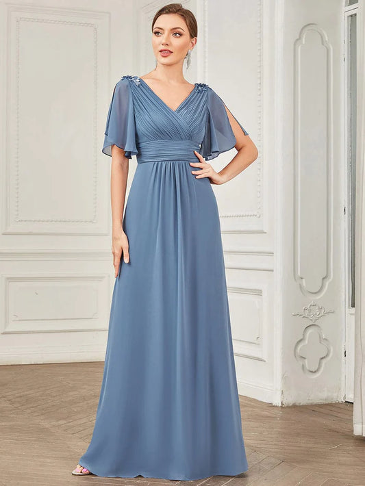 Wholesa V-Neck Short Split Sleeve Sequin Applique Chiffon Evening Dress