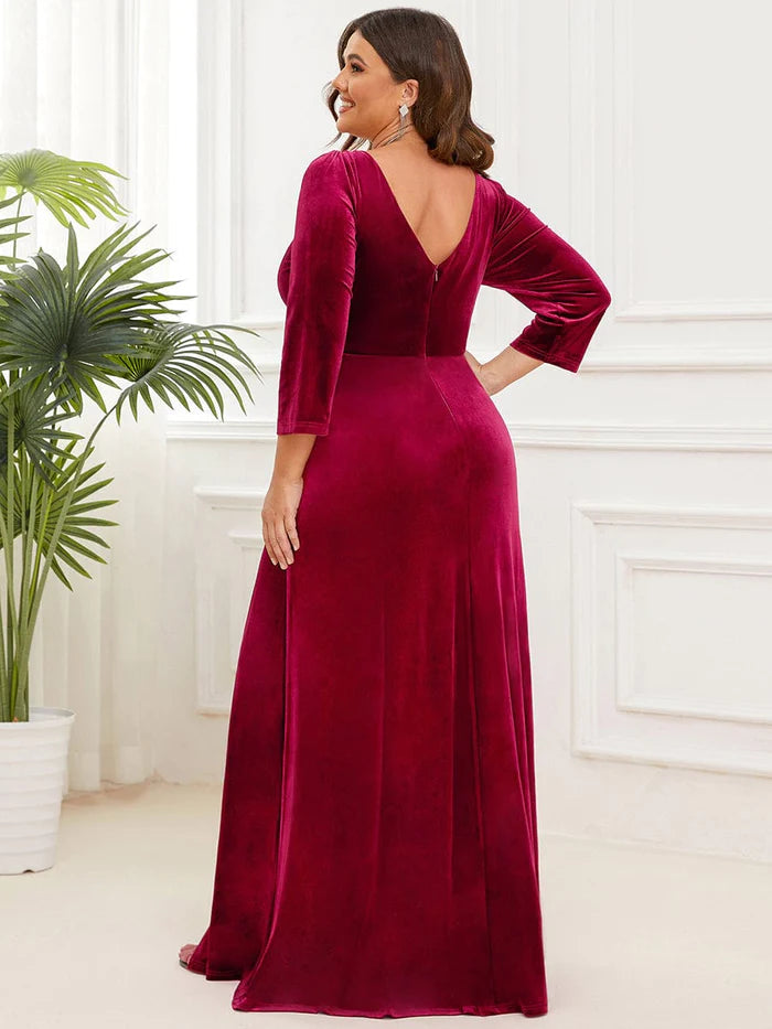 Wholesa Velvet Plunging V-Neck Front Slit 3/4 Sleeve A-Line Evening Dress