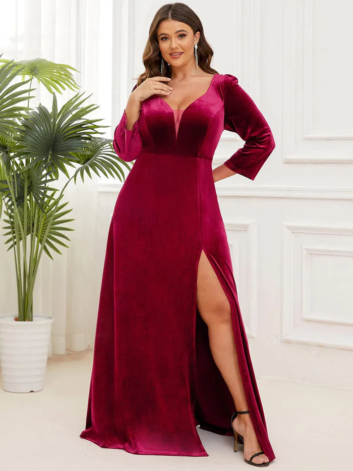 Wholesa Velvet Plunging V-Neck Front Slit 3/4 Sleeve A-Line Evening Dress