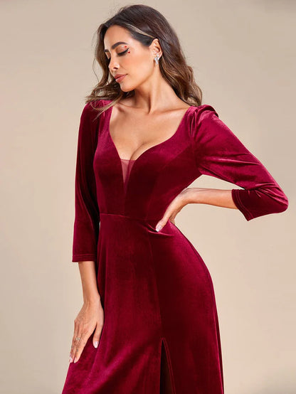 Wholesa Velvet Plunging V-Neck Front Slit 3/4 Sleeve A-Line Evening Dress