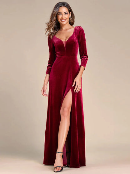 Wholesa Velvet Plunging V-Neck Front Slit 3/4 Sleeve A-Line Evening Dress