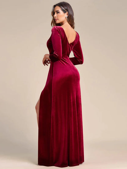 Wholesa Velvet Plunging V-Neck Front Slit 3/4 Sleeve A-Line Evening Dress