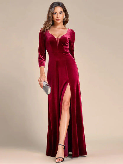 Wholesa Velvet Plunging V-Neck Front Slit 3/4 Sleeve A-Line Evening Dress