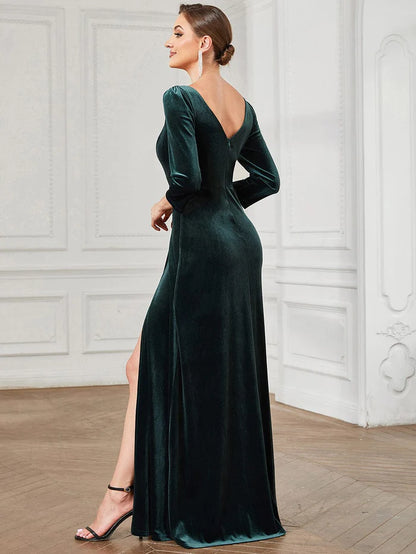 Wholesa Velvet Plunging V-Neck Front Slit 3/4 Sleeve A-Line Evening Dress