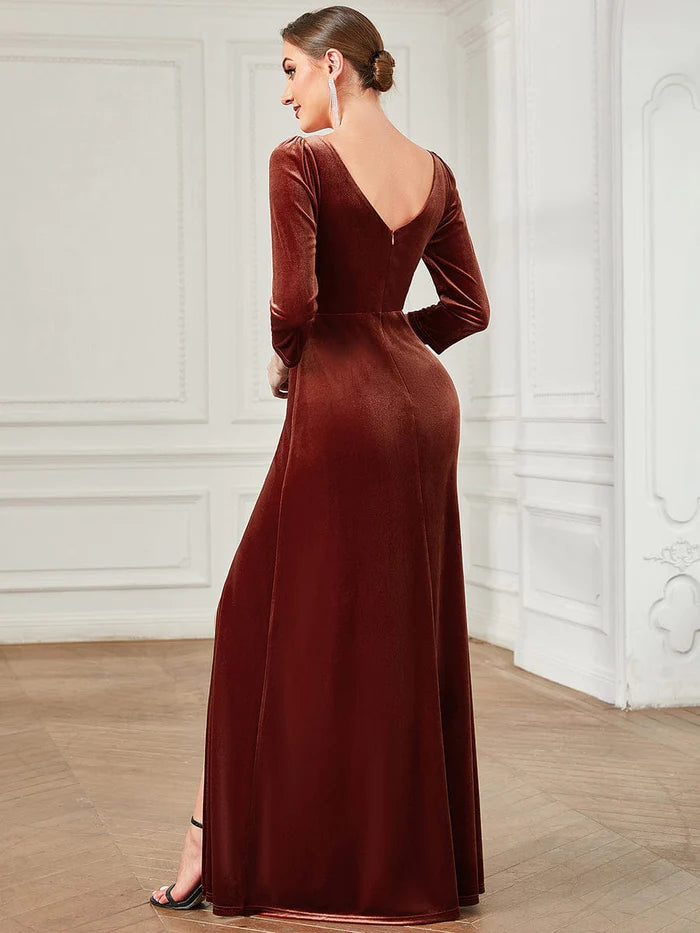 Wholesa Velvet Plunging V-Neck Front Slit 3/4 Sleeve A-Line Evening Dress