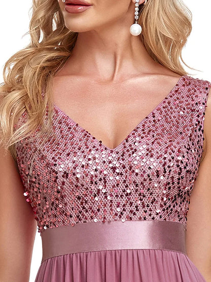 Wholesa Sequins V-neck Low Back A-line Evening Dress