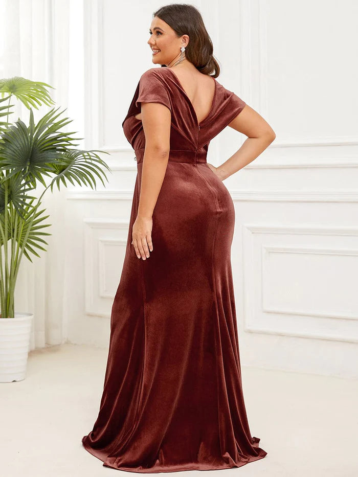 Wholesa Elegant Sequin Spaghetti Strap A-Line Evening Dress Plus Size Velvet Pleated V-Neck Cap Sleeve Column Floor-Length Evening Dress